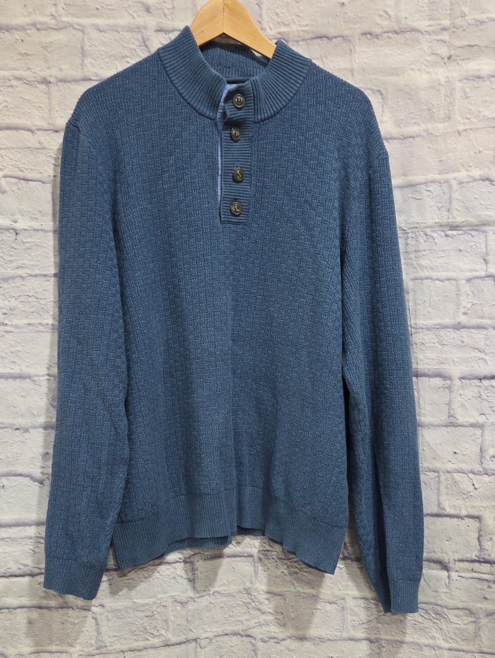 Men's Blue Button-Placket Mock Neck Zip-Style Sweater
